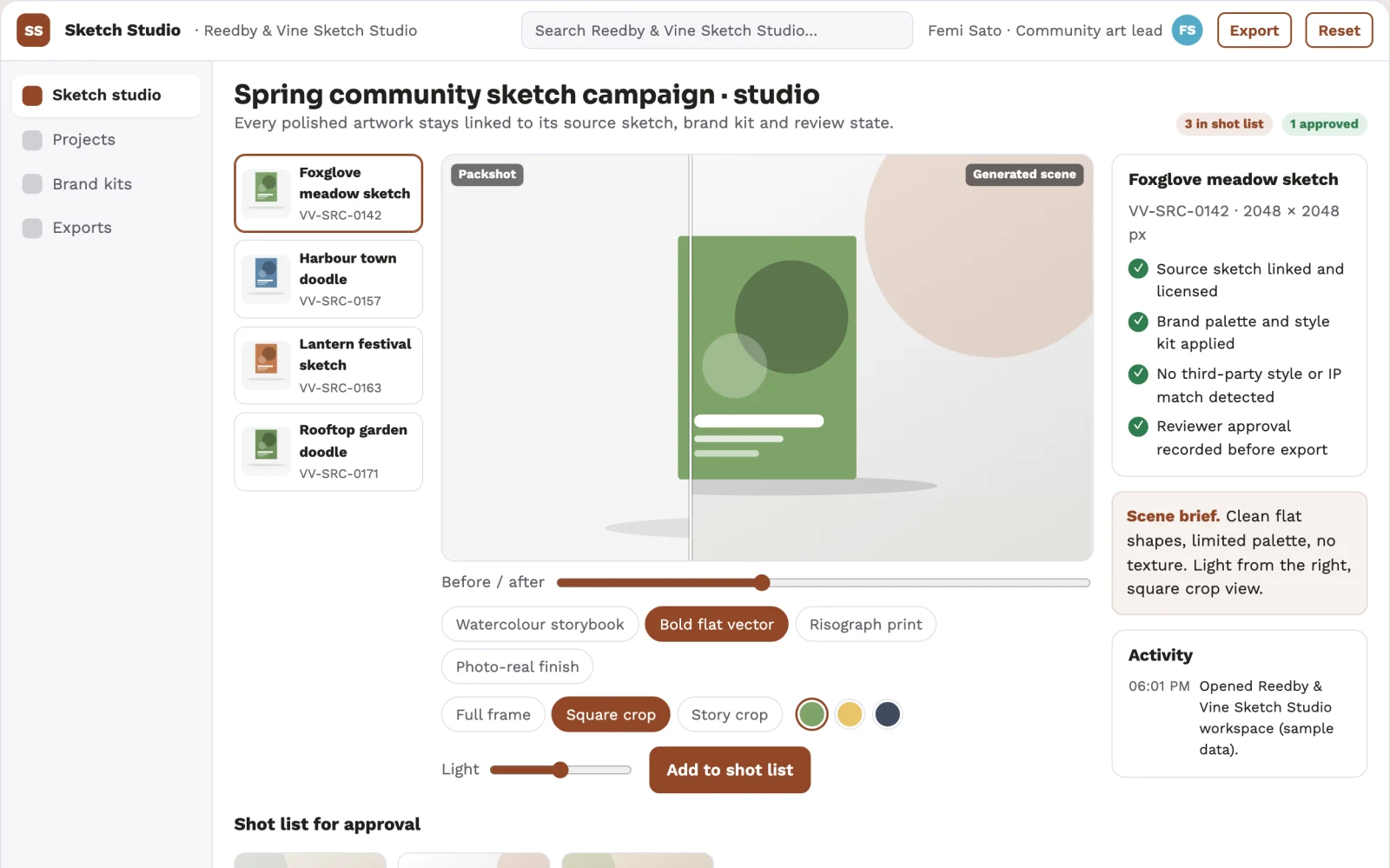 Screenshot of the Sketch-to-artwork studio with managed creative review interactive demo