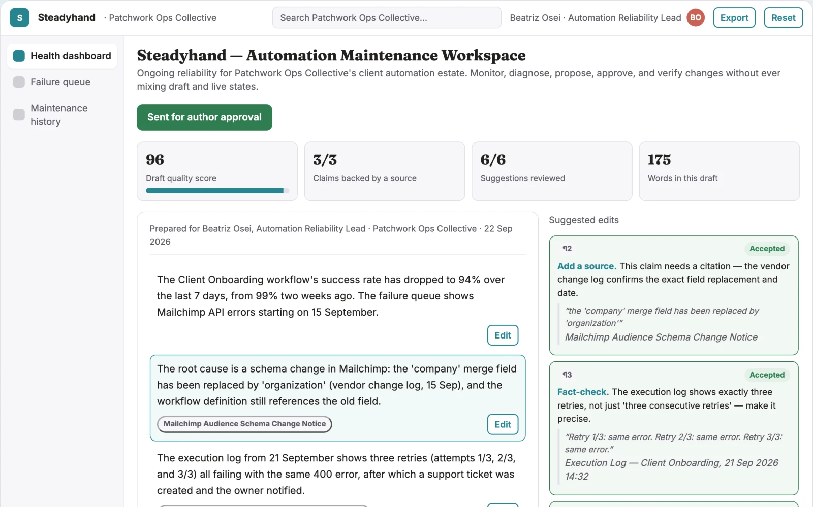 Demo screen of Small-business automation maintenance