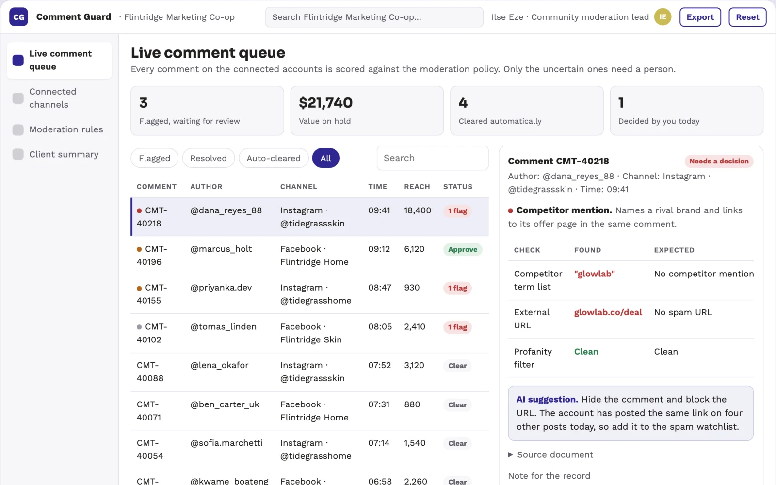 Screenshot of the Social comment moderation and brand protection portal interactive demo