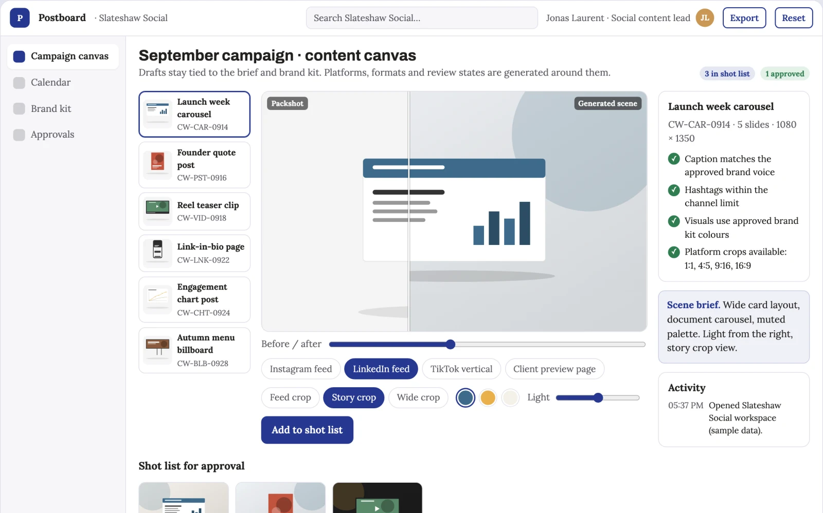 Screenshot of the Social content planning and production workbench interactive demo