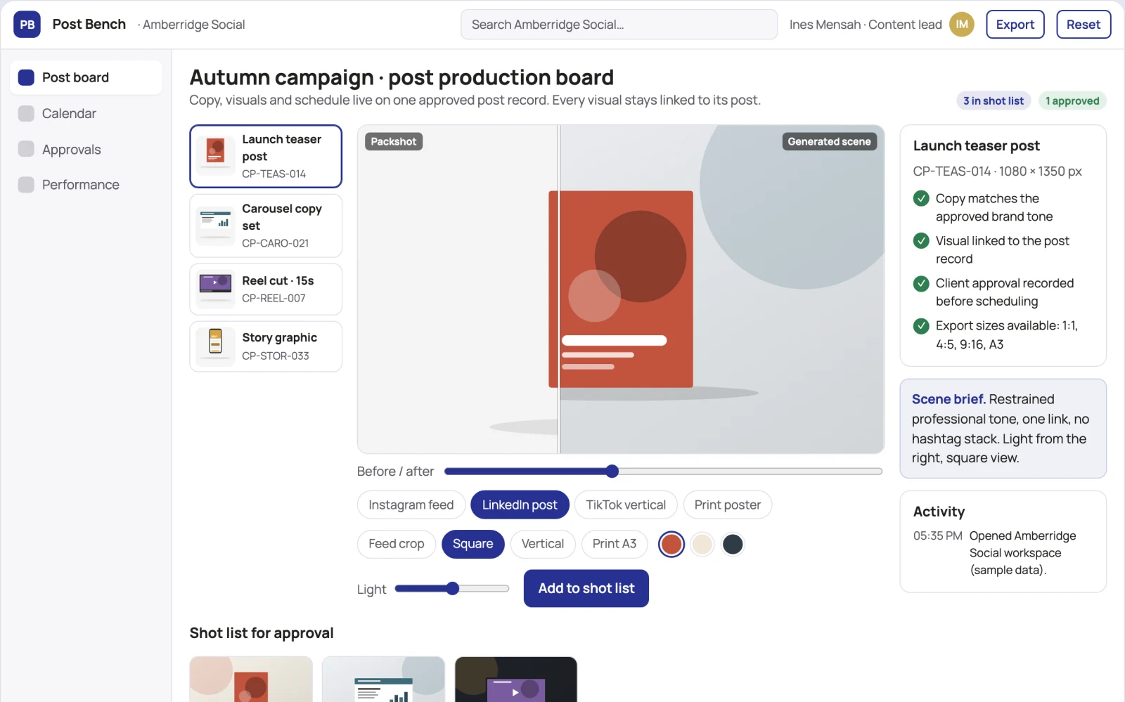 Screenshot of the Social post production and scheduling workbench interactive demo