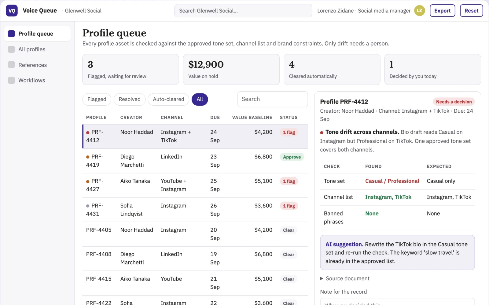 Screenshot of the Social profile content and workflow coordination portal interactive demo