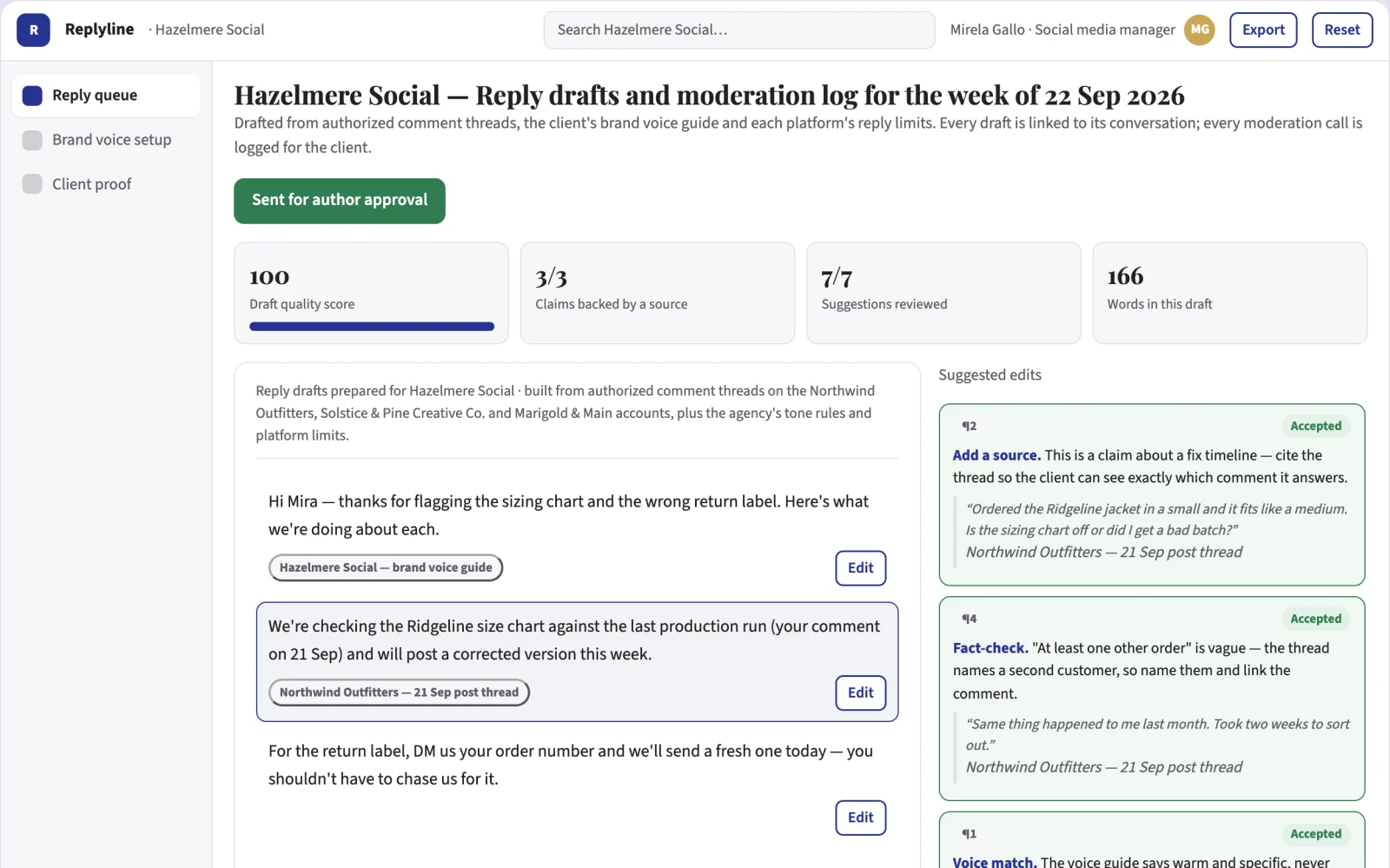 Screenshot of the Social reply generation and moderation workspace interactive demo