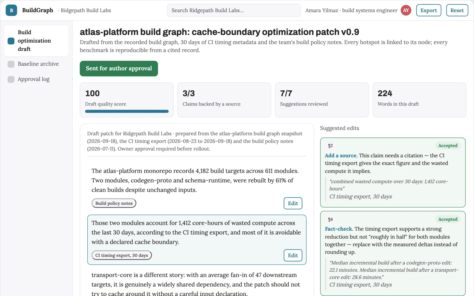 Screenshot of the Software build graph acceleration studio interactive demo