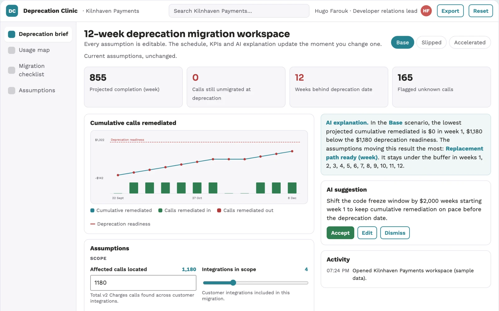 Screenshot of the Software deprecation migration clinic interactive demo