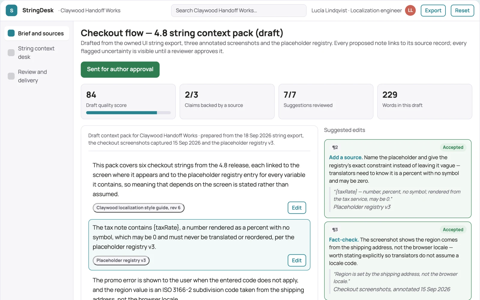 Screenshot of the Software localization string context desk interactive demo