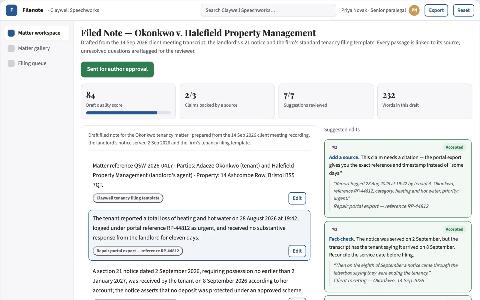 Screenshot of the Source audio to filed legal note workbench interactive demo