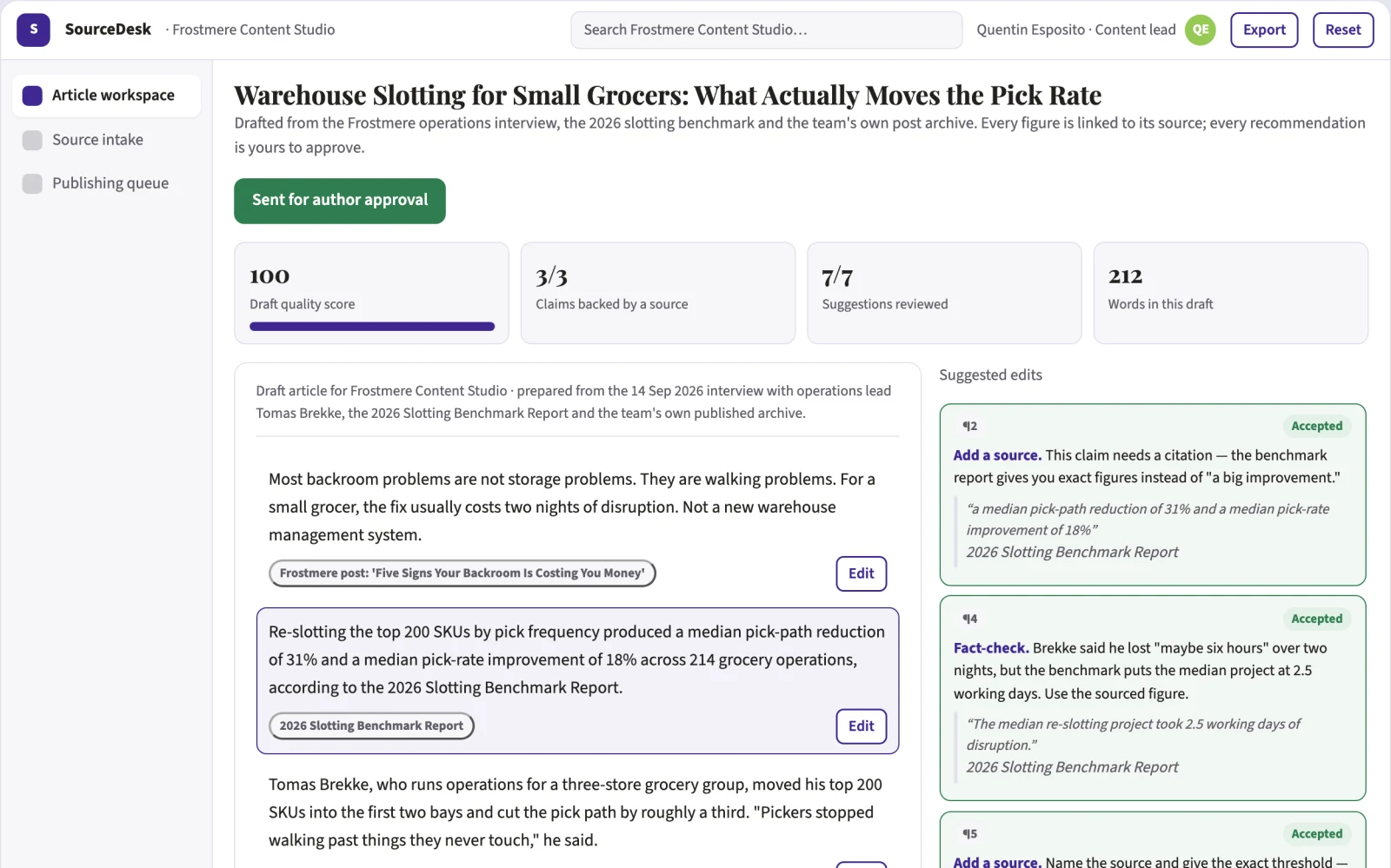 Screenshot of the Source-based article production and publishing workspace interactive demo