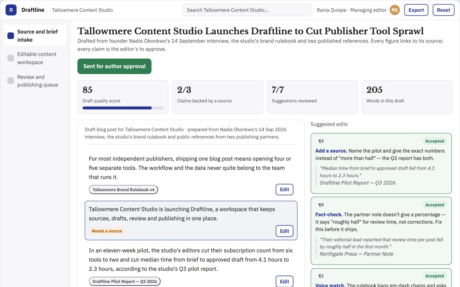 Screenshot of the Source-based blog and website publishing workspace interactive demo