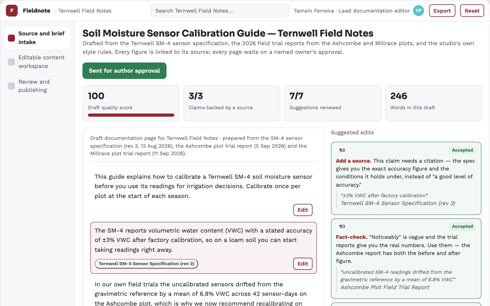 Screenshot of the Source-based content and documentation workspace interactive demo