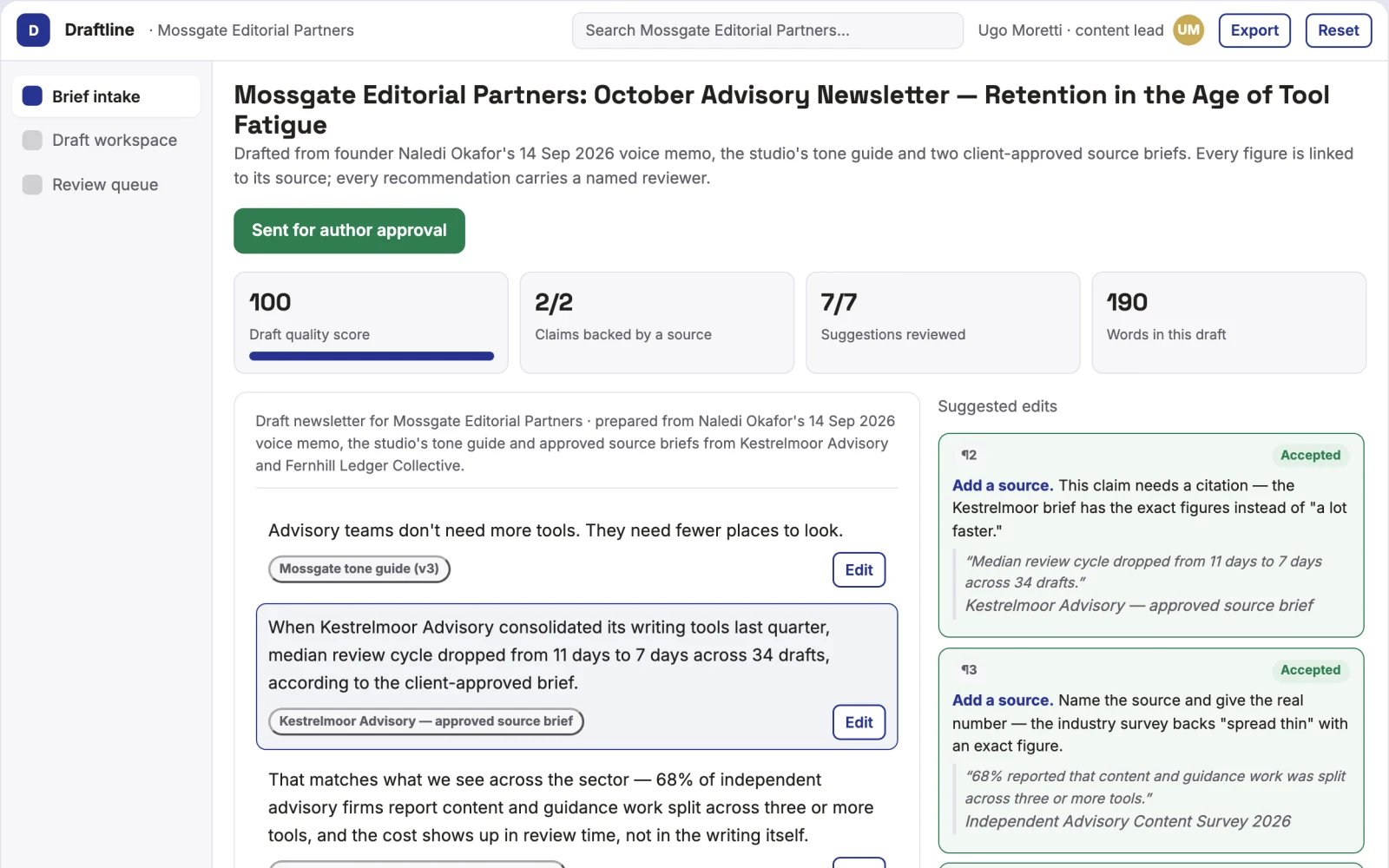Screenshot of the Source-based content and guidance workspace interactive demo