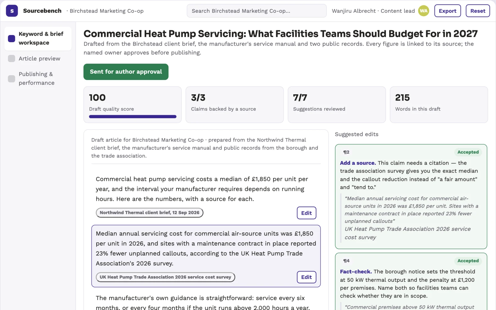 Screenshot of the Source-based content production and SEO workbench interactive demo