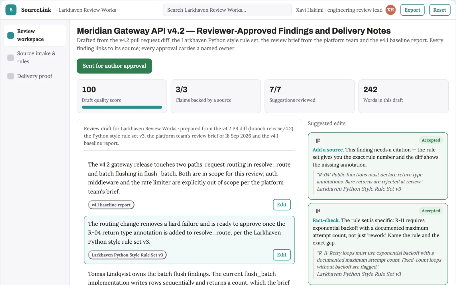 Screenshot of the Source-based content review and delivery workspace interactive demo
