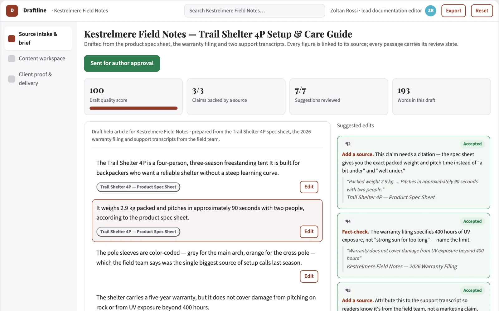 Screenshot of the Source-based content workspace with editorial delivery interactive demo