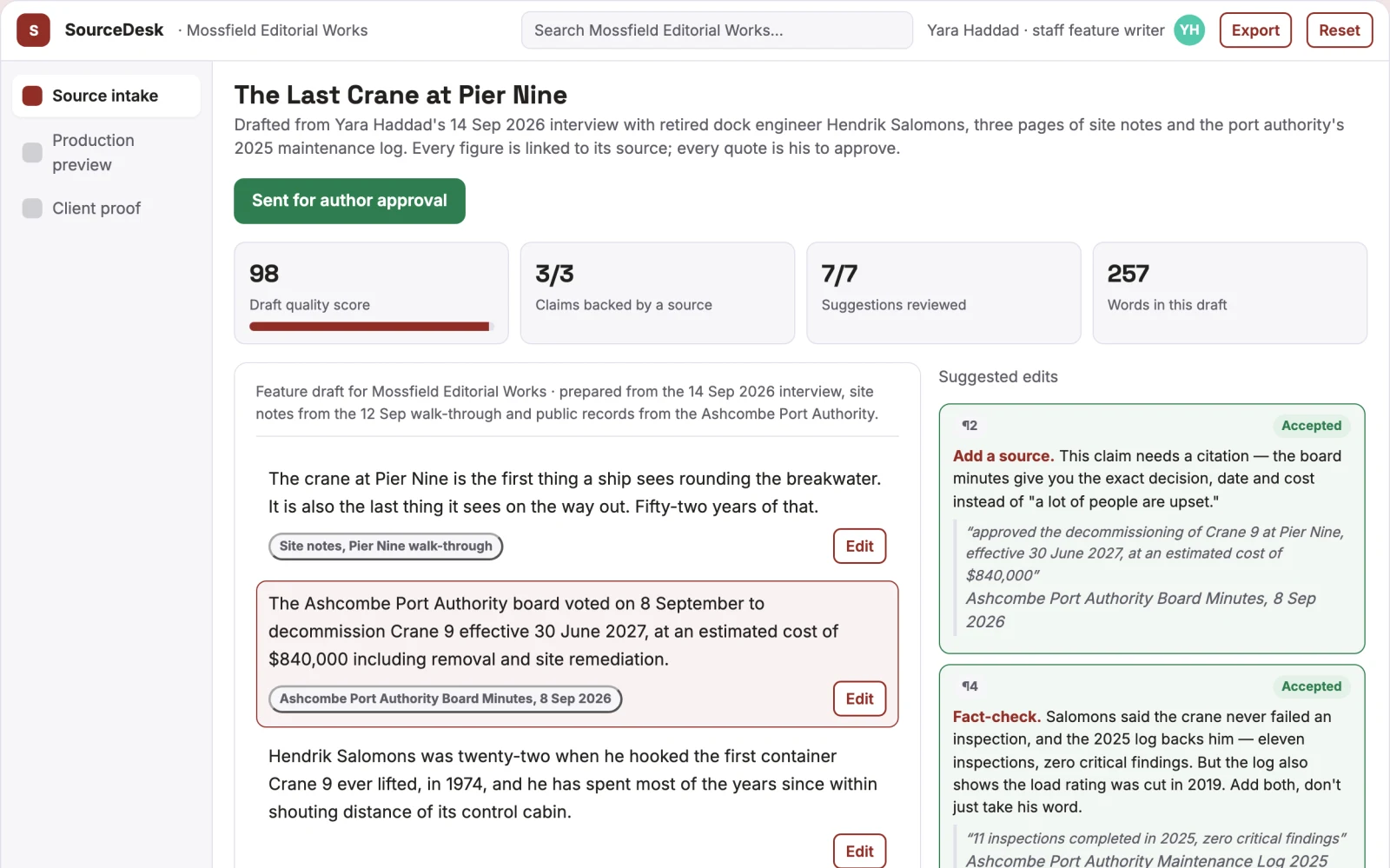 Screenshot of the Source-based content workspace with editorial delivery interactive demo