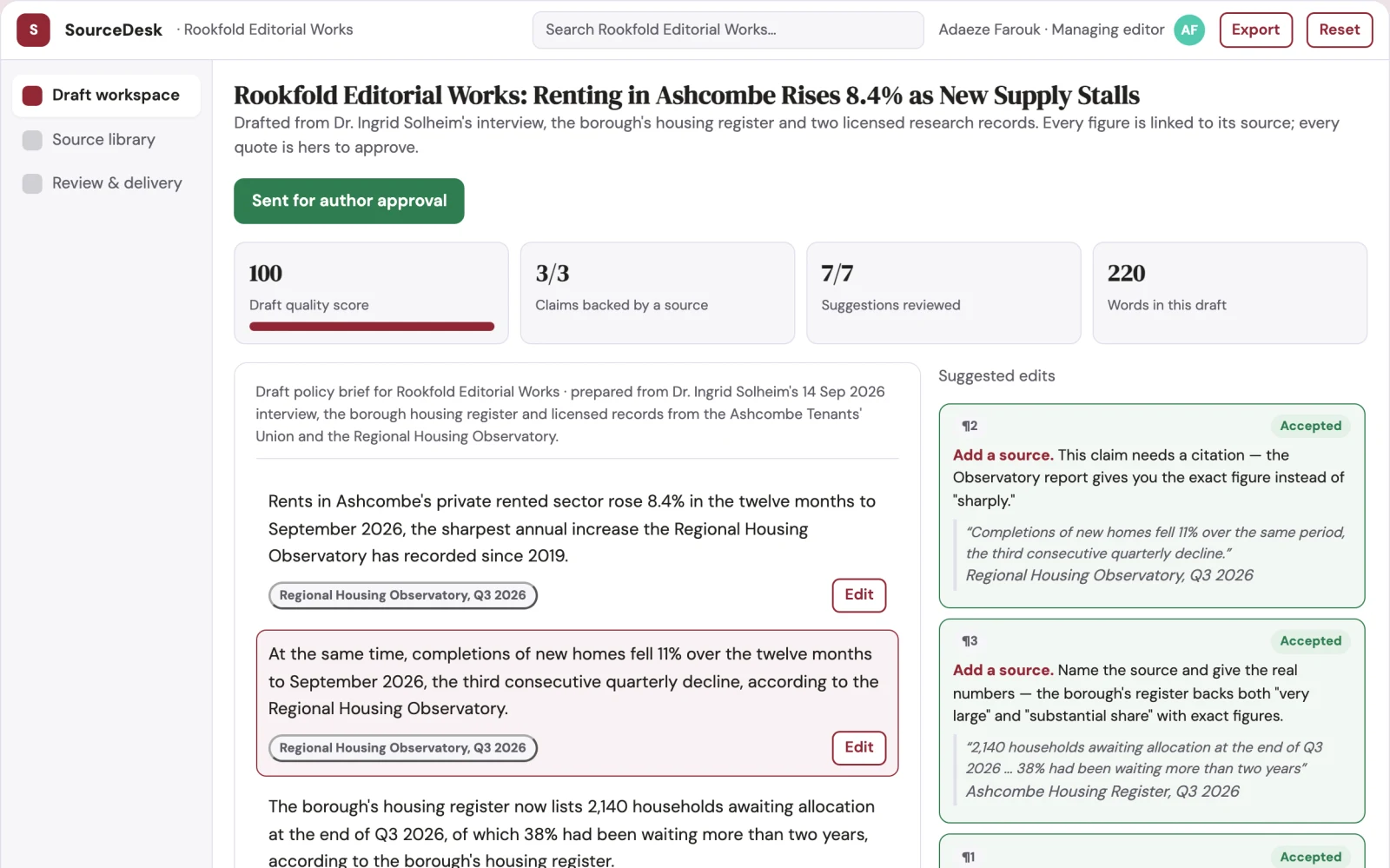 Screenshot of the Source-based document workspace with editorial delivery interactive demo
