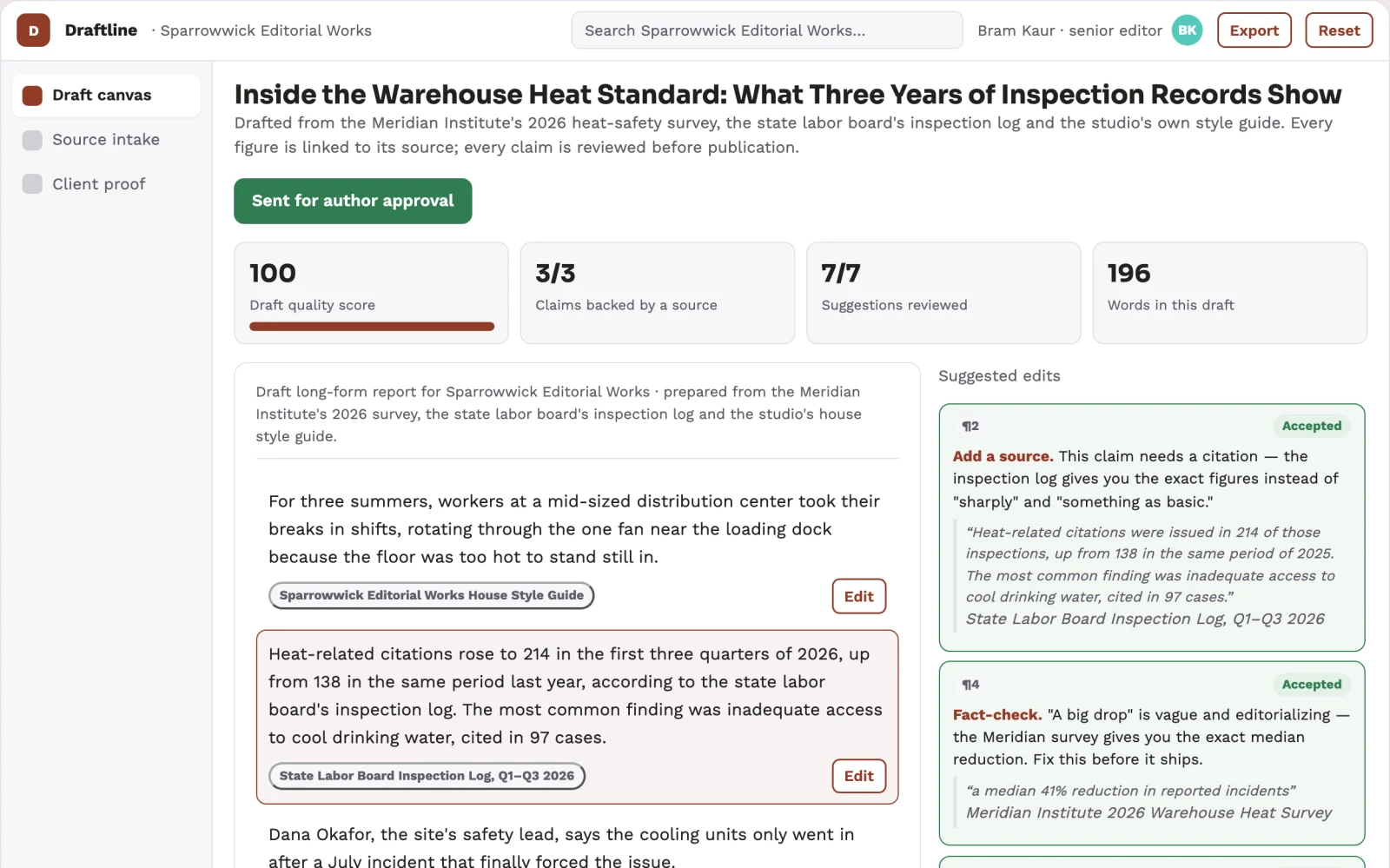 Screenshot of the Source-based editorial writing assistance workspace interactive demo