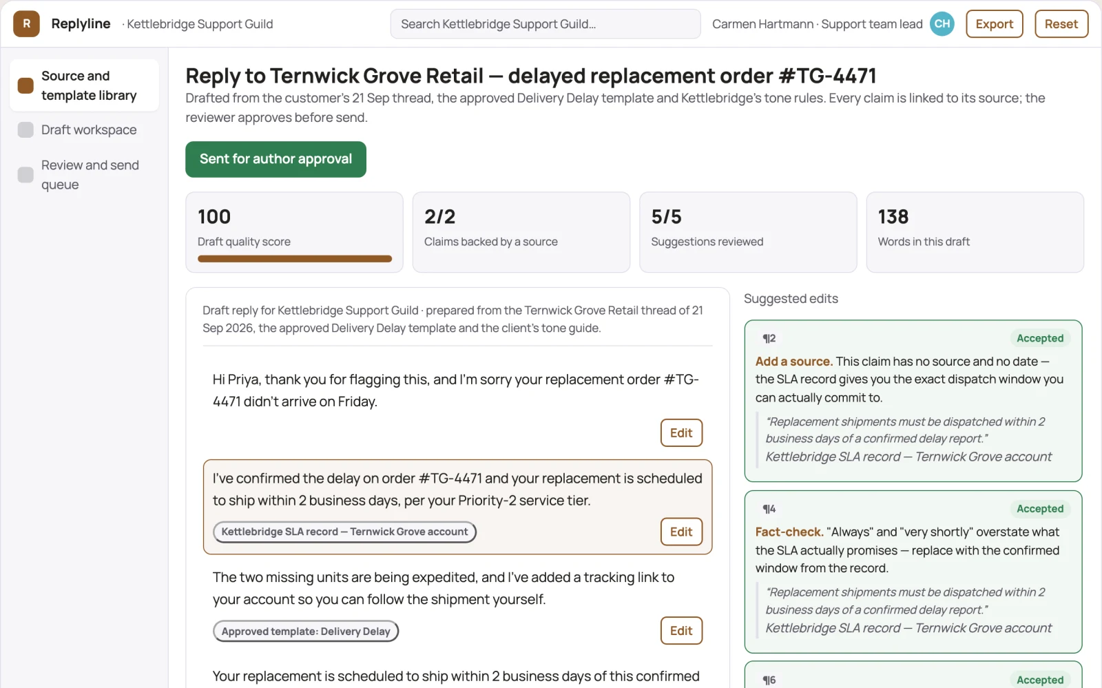 Screenshot of the Source-based email drafting and reply workbench interactive demo
