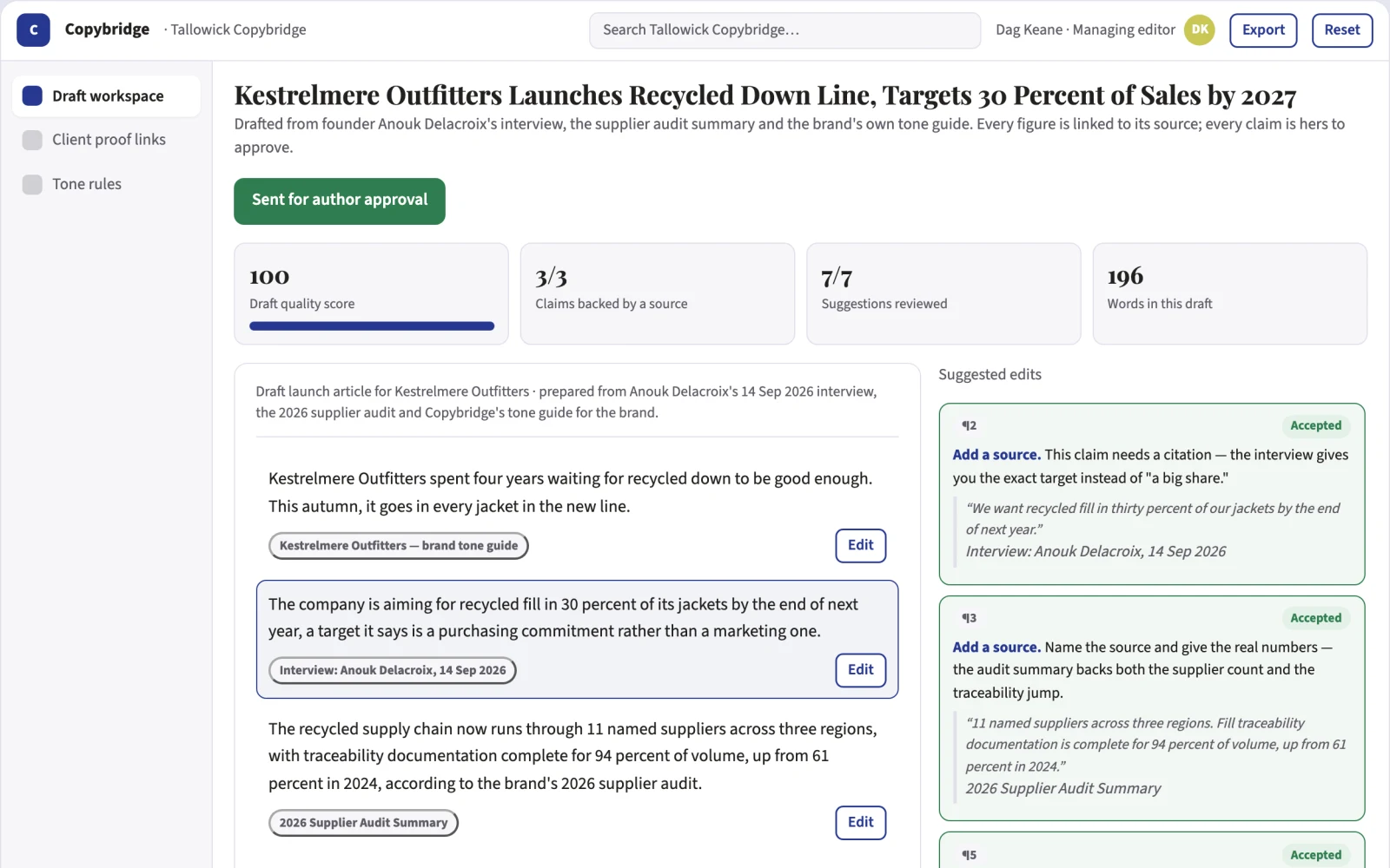 Screenshot of the Source-based human-tone content workspace interactive demo