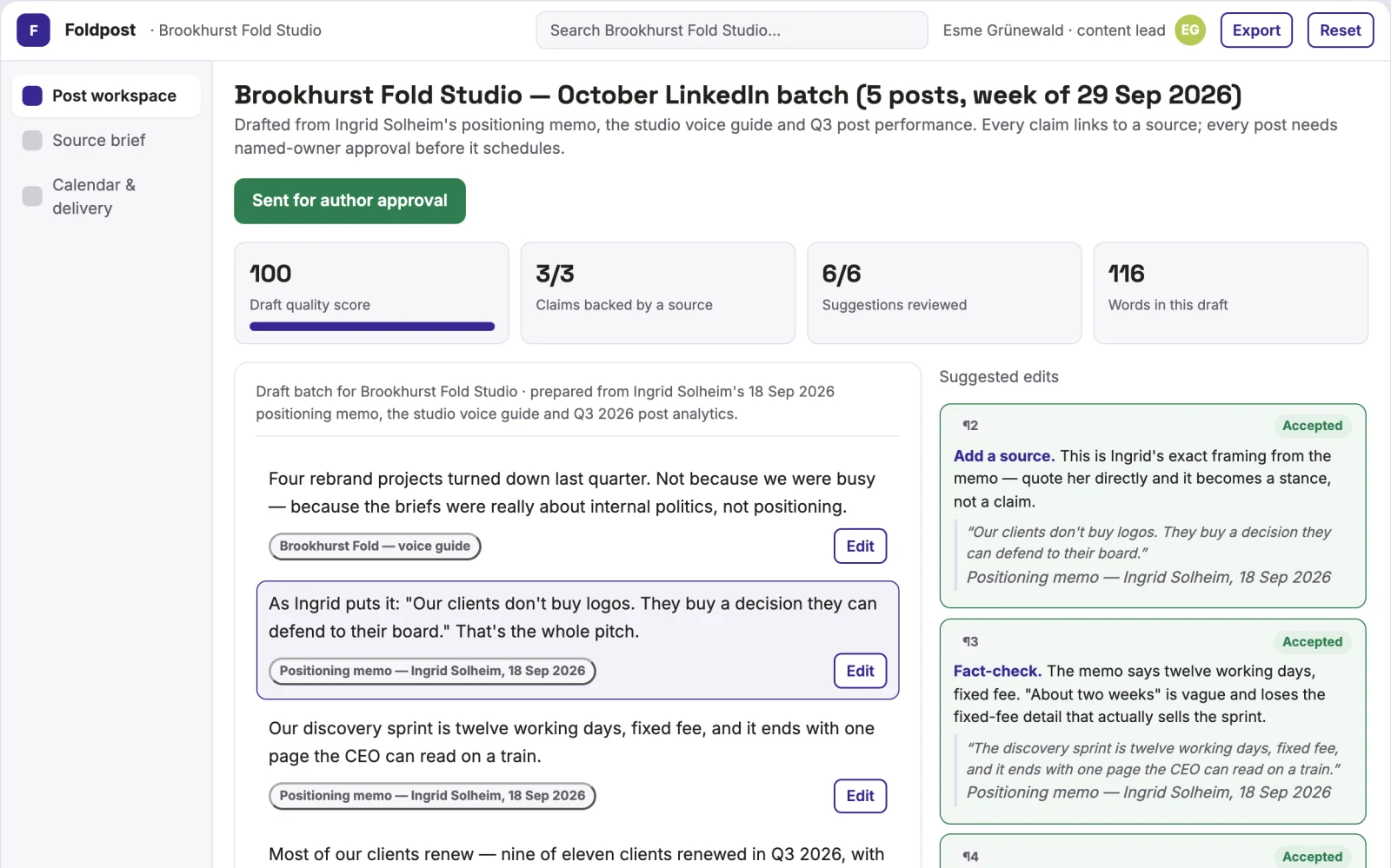 Screenshot of the Source-based LinkedIn content and scheduling workspace interactive demo