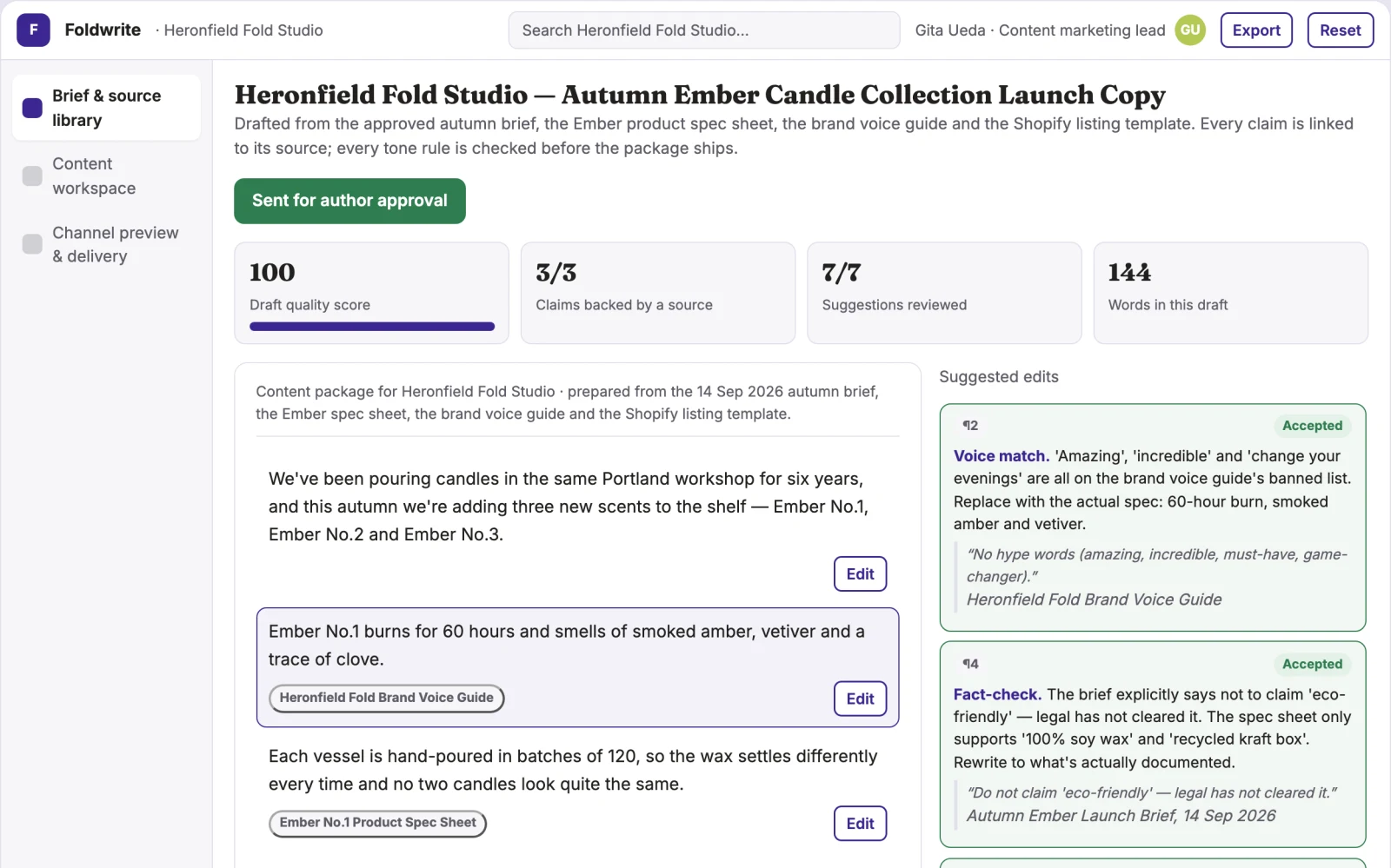 Screenshot of the Source-based marketing content production workspace interactive demo