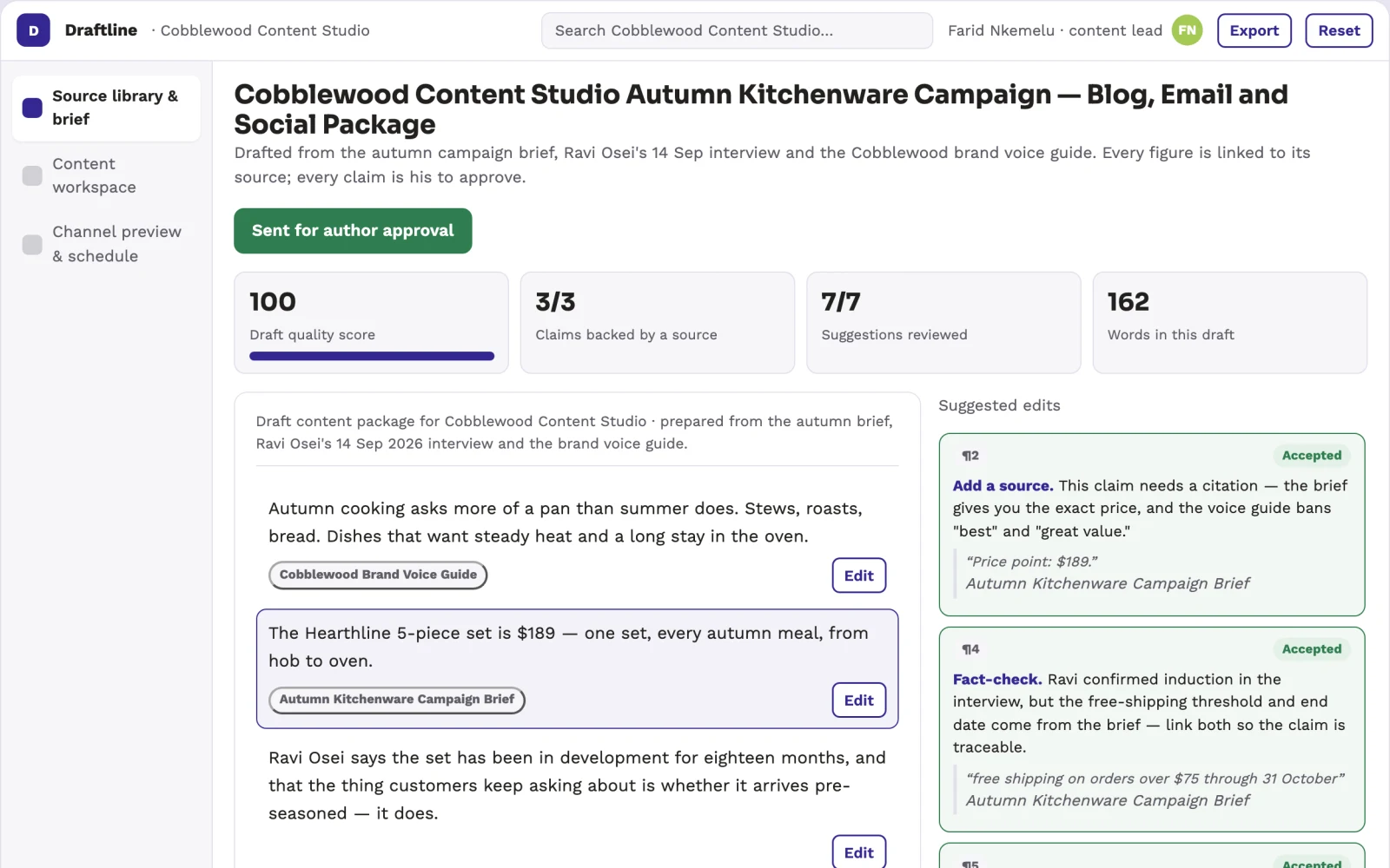 Screenshot of the Source-based marketing content production workspace interactive demo