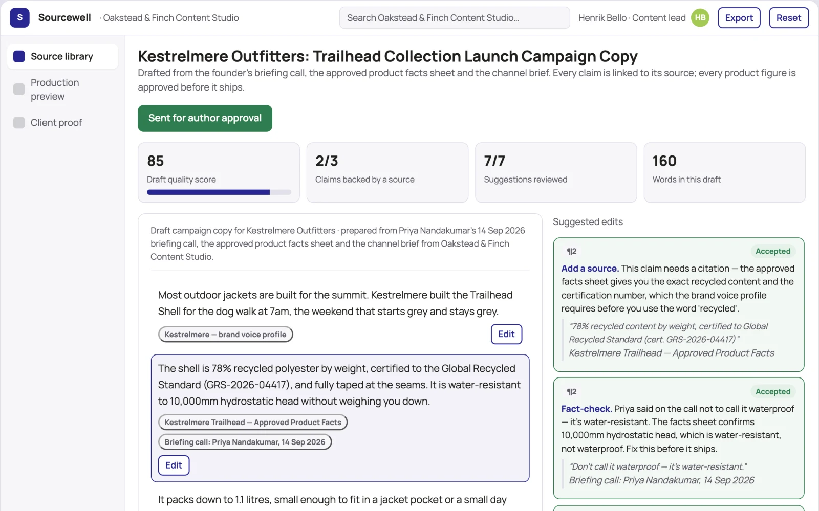 Screenshot of the Source-based marketing content workspace interactive demo