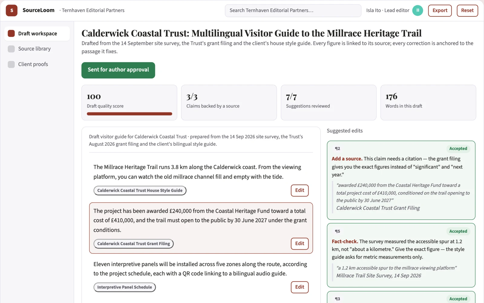 Screenshot of the Source-based multilingual writing review workspace interactive demo