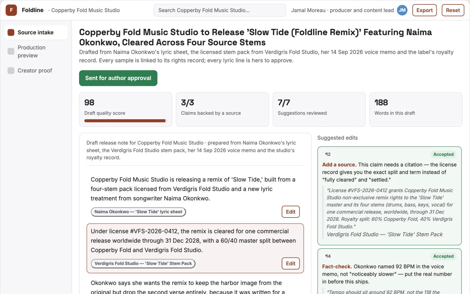 Screenshot of the Source-based music and written content studio interactive demo