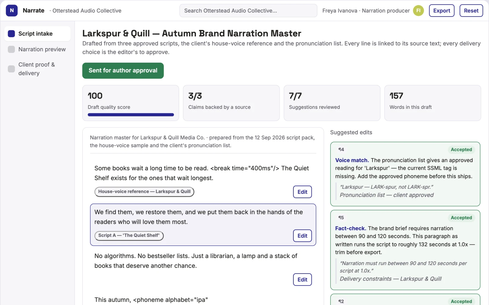 Screenshot of the Source-based narration production workspace interactive demo