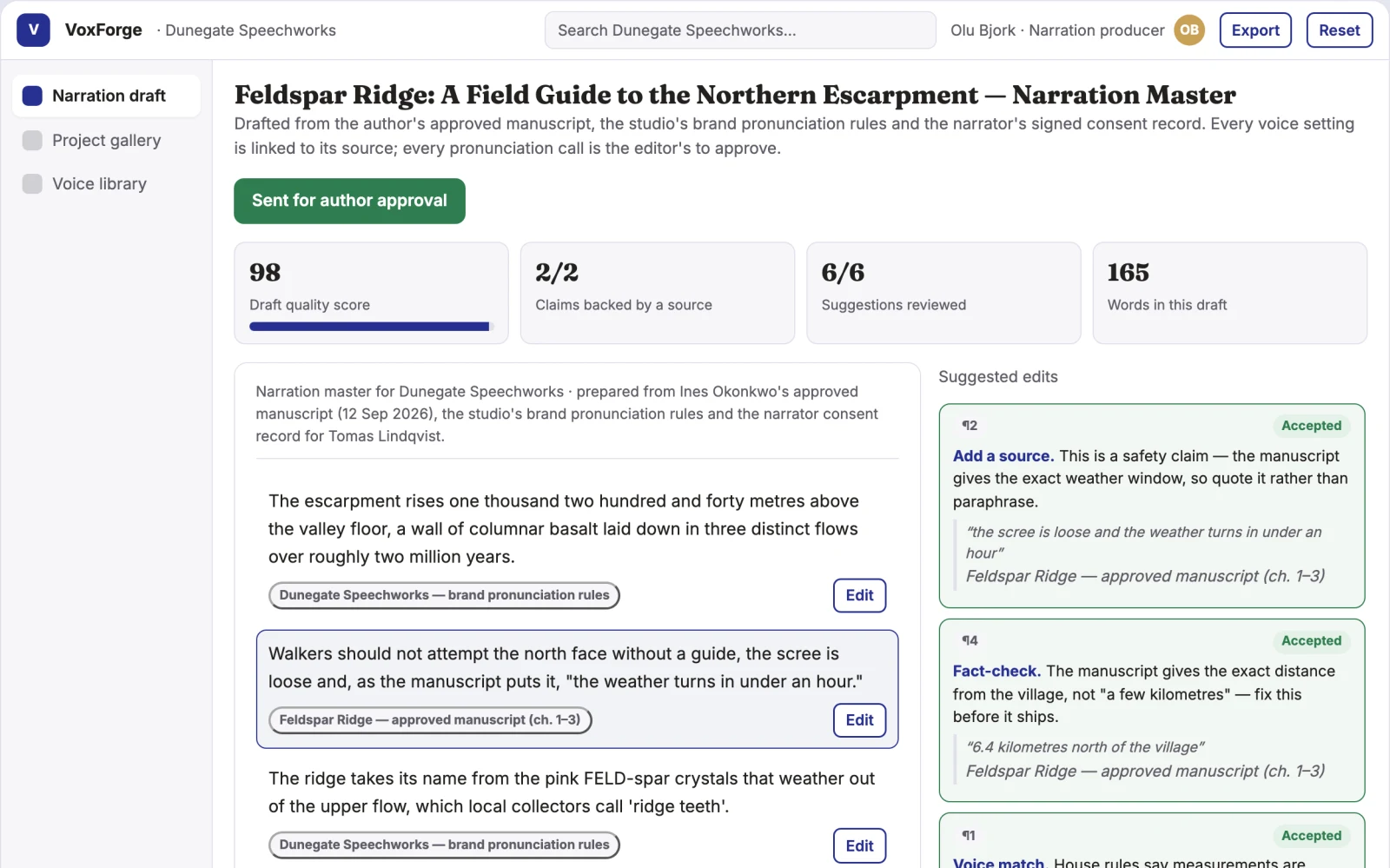 Screenshot of the Source-based narration production workspace interactive demo