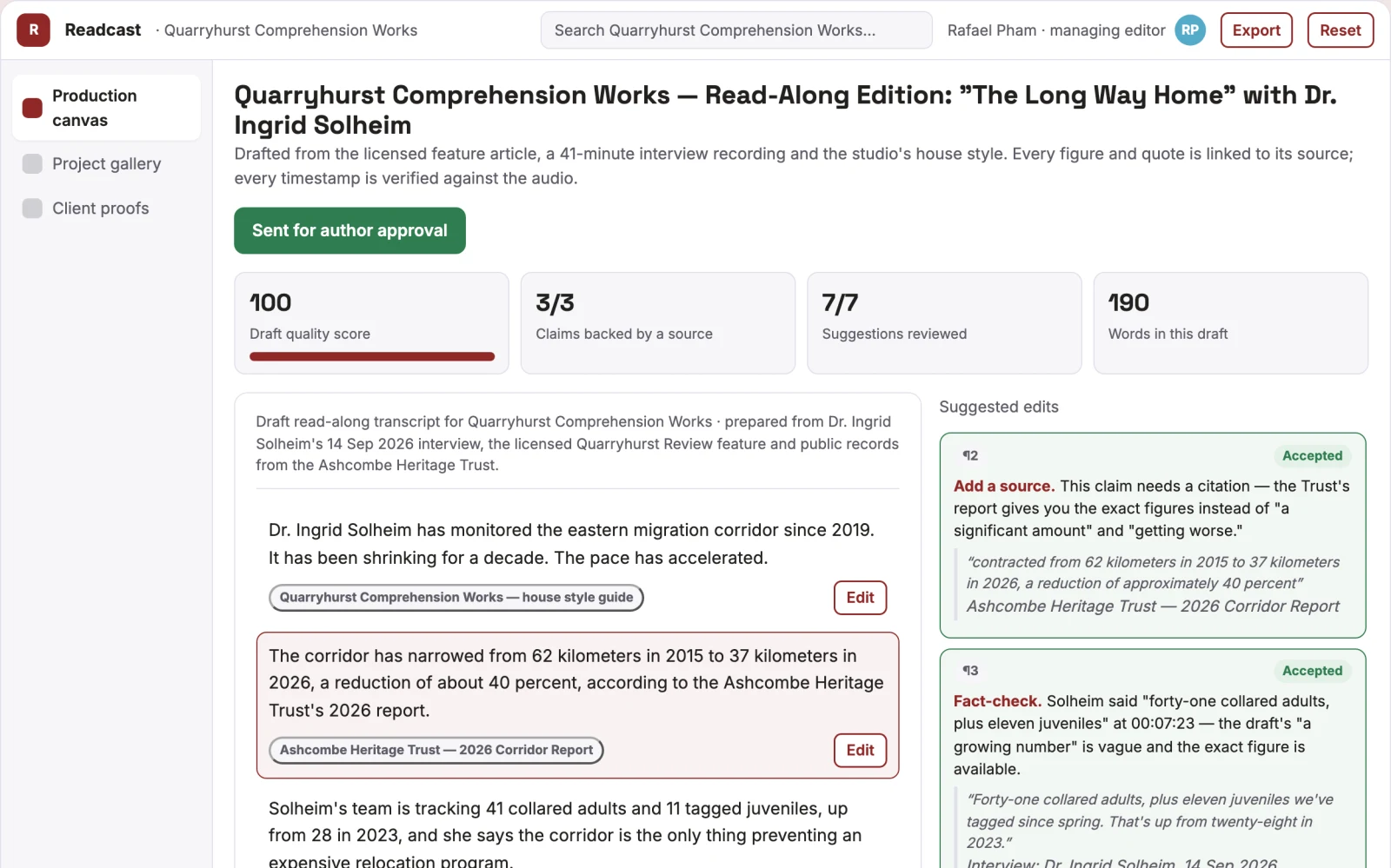 Screenshot of the Source-based reading and transcription workspace interactive demo