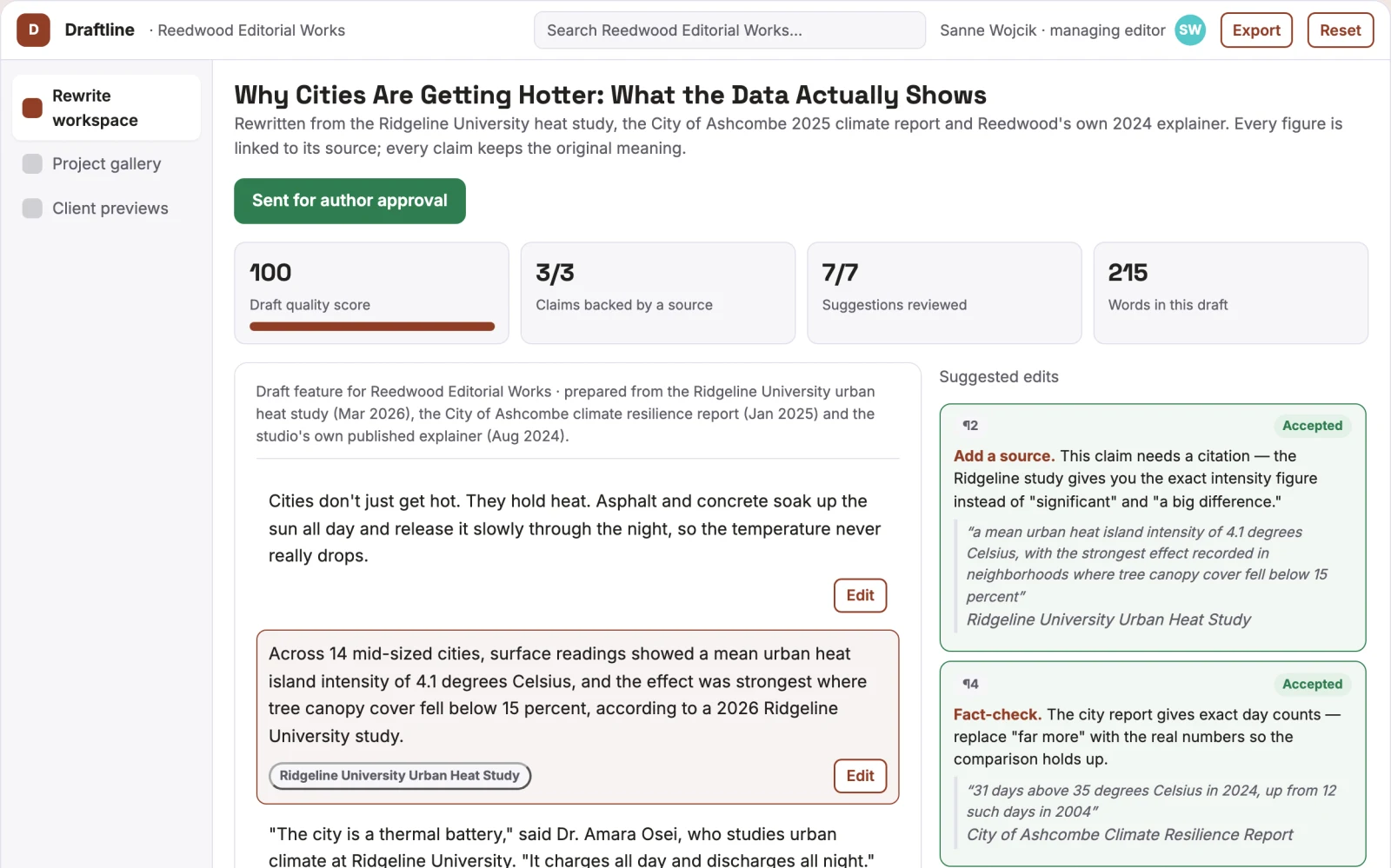 Screenshot of the Source-based rewriting and editorial delivery workspace interactive demo