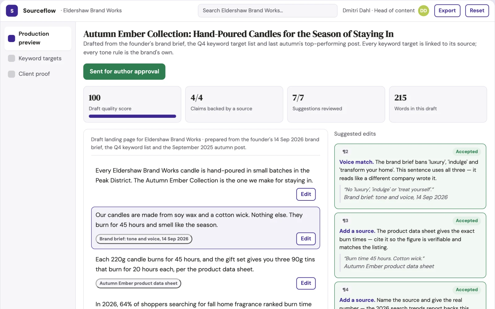 Screenshot of the Source-based SEO content production workspace interactive demo