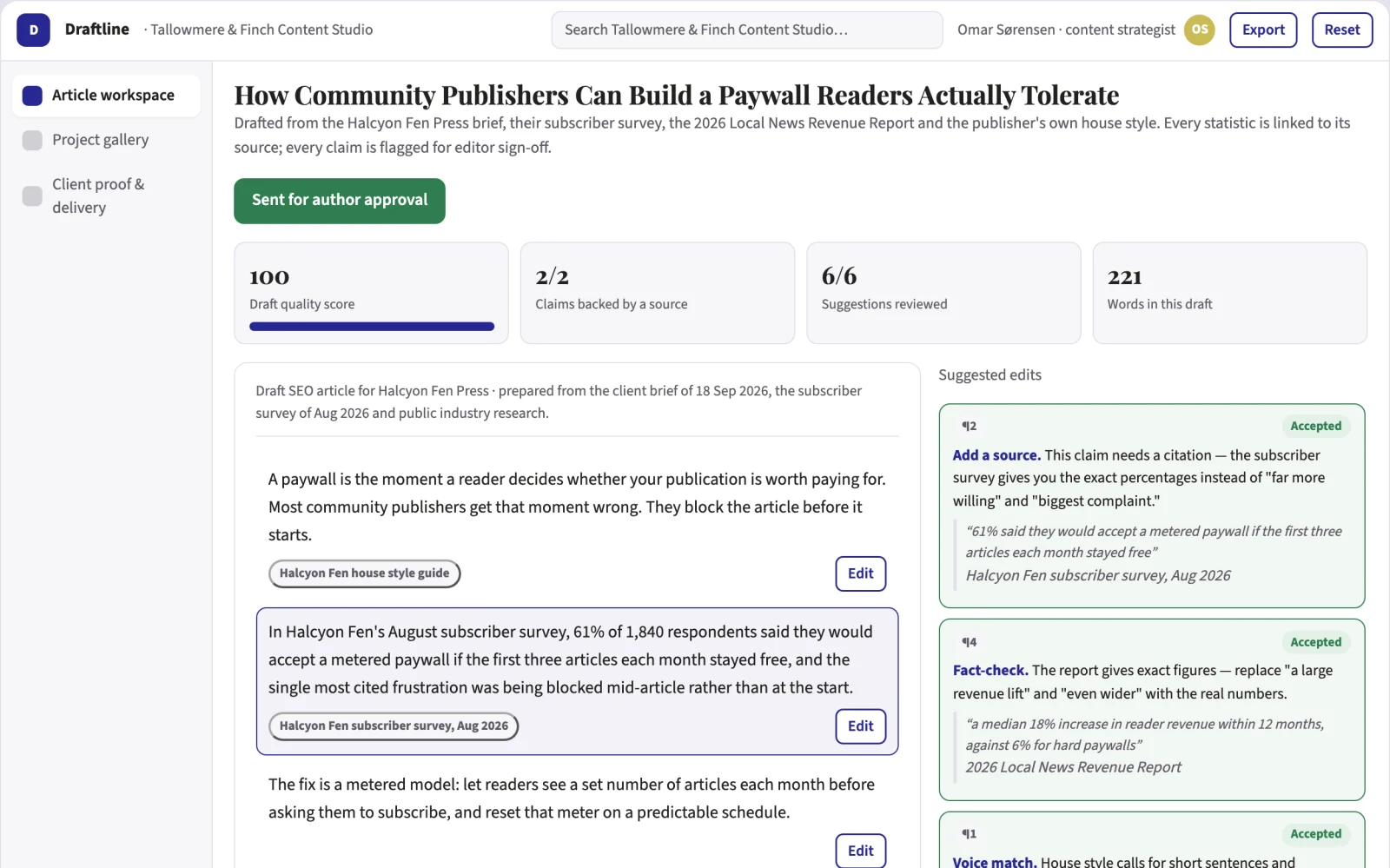 Screenshot of the Source-based SEO content production workspace interactive demo