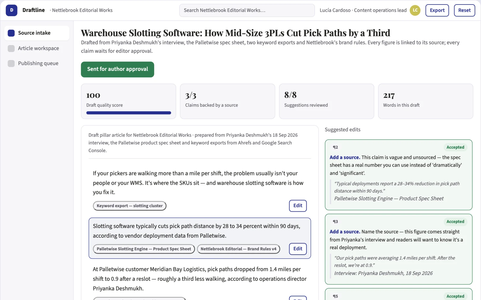 Screenshot of the Source-based SEO content publishing workspace interactive demo