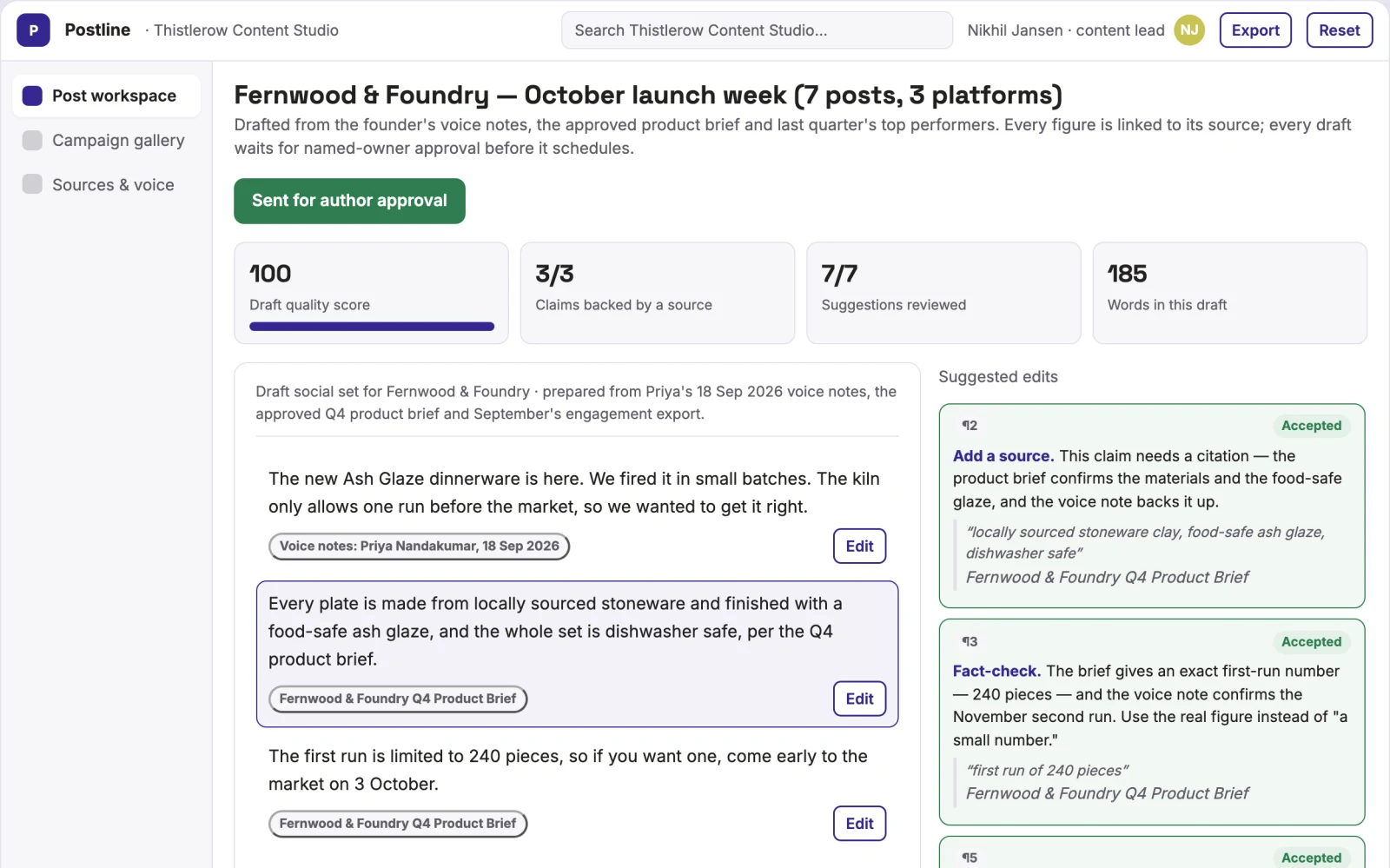 Screenshot of the Source-based social content and scheduling workspace interactive demo