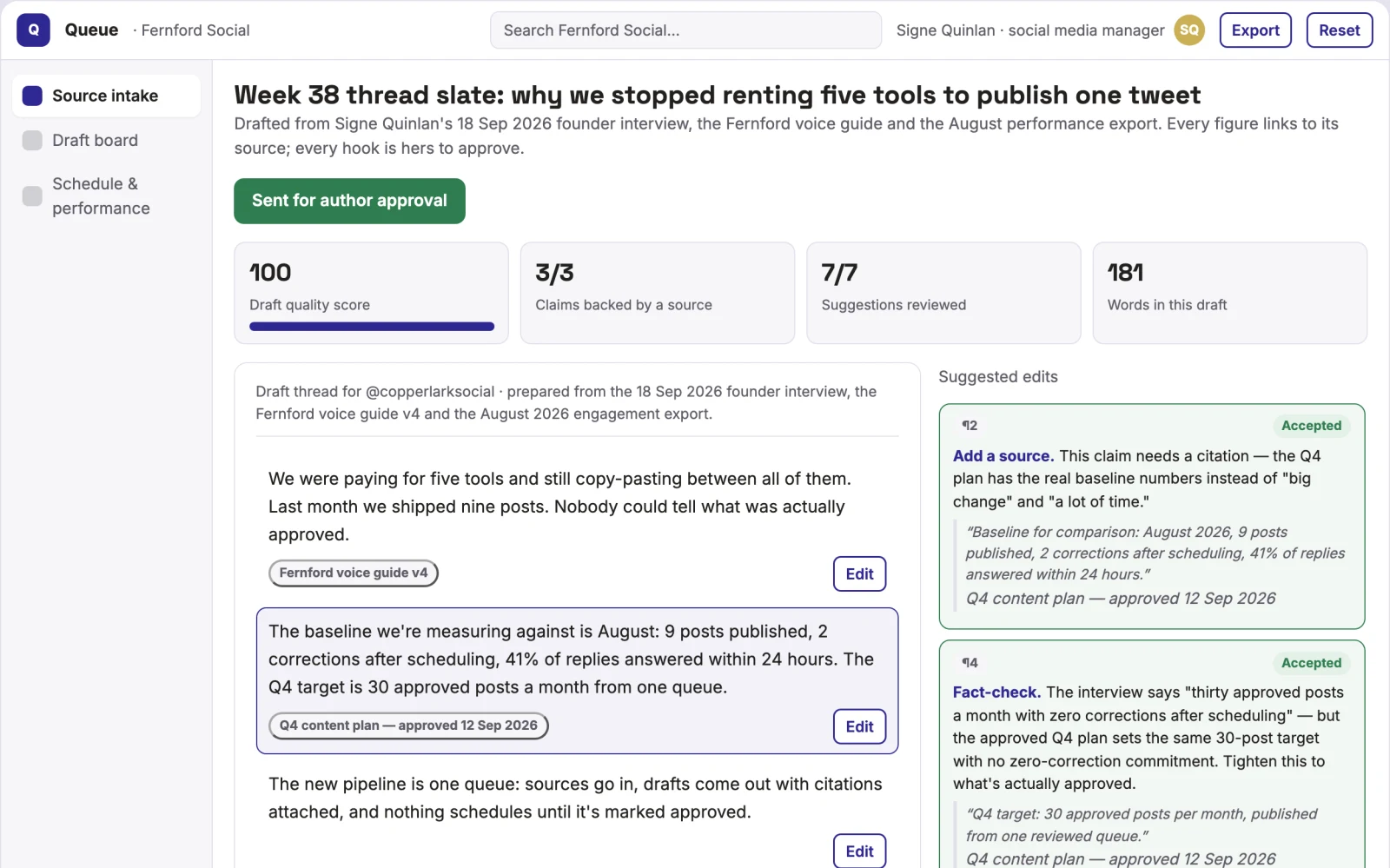 Screenshot of the Source-based social content planning and publishing workspace interactive demo