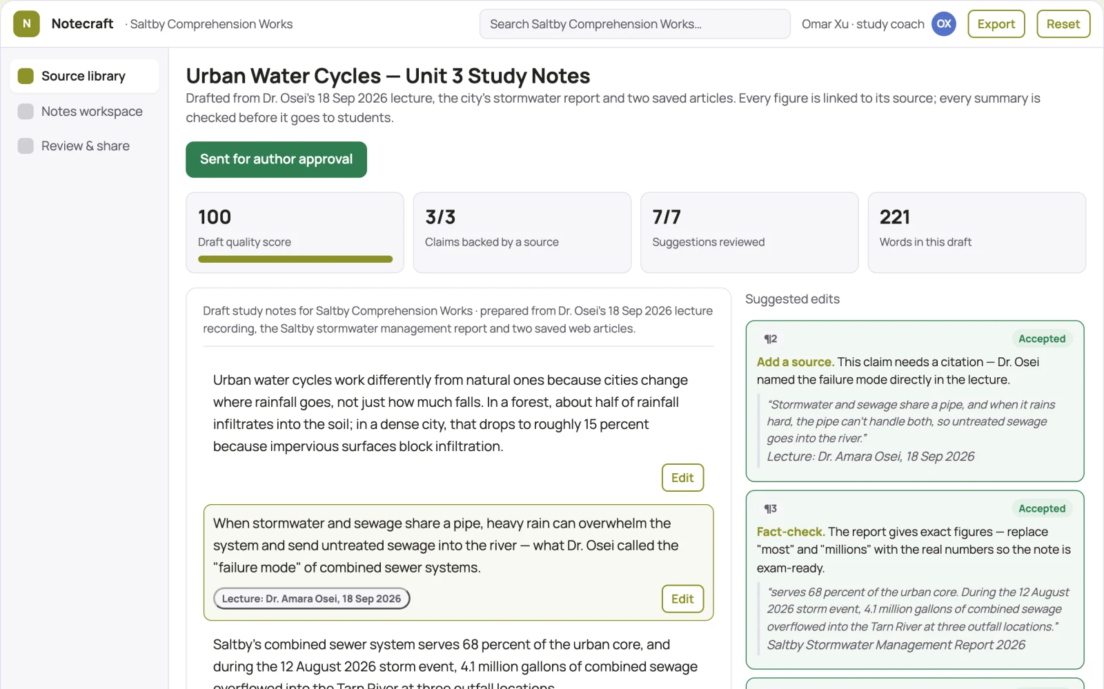 Screenshot of the Source-based study notes and audio workspace interactive demo