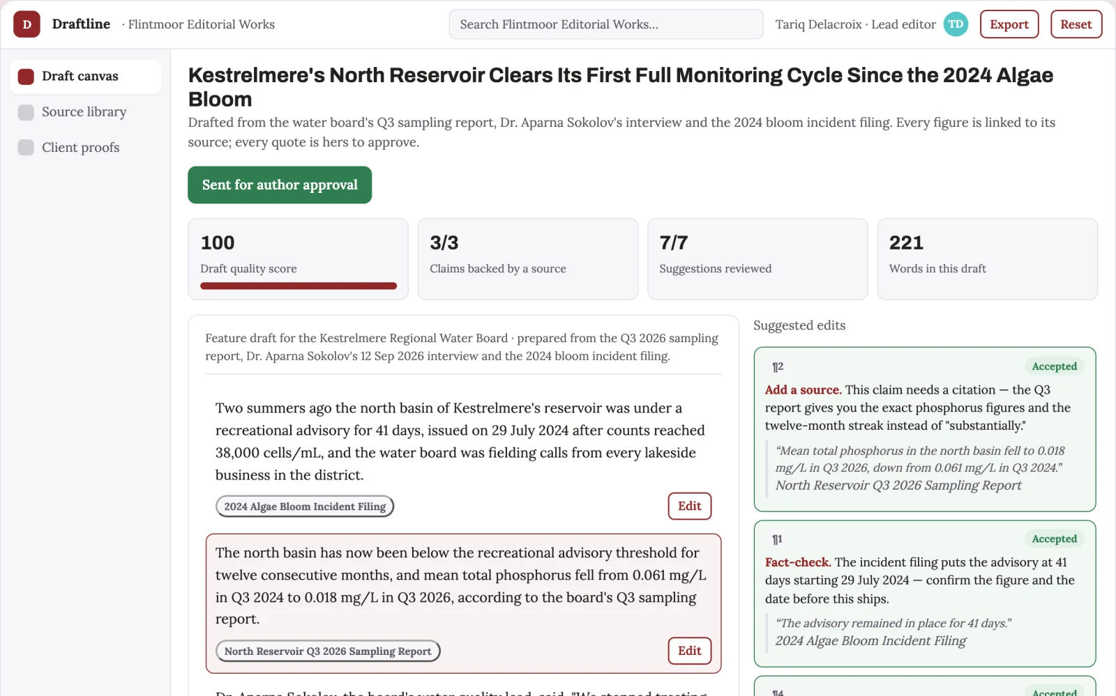 Screenshot of the Source-based writing and editorial delivery workspace interactive demo