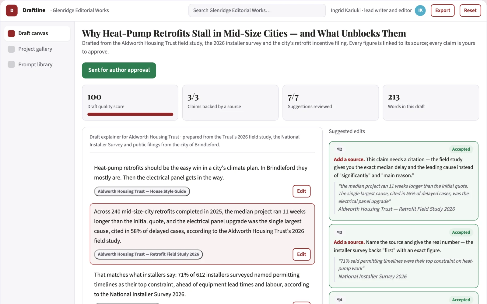 Screenshot of the Source-based writing and editorial delivery workspace interactive demo