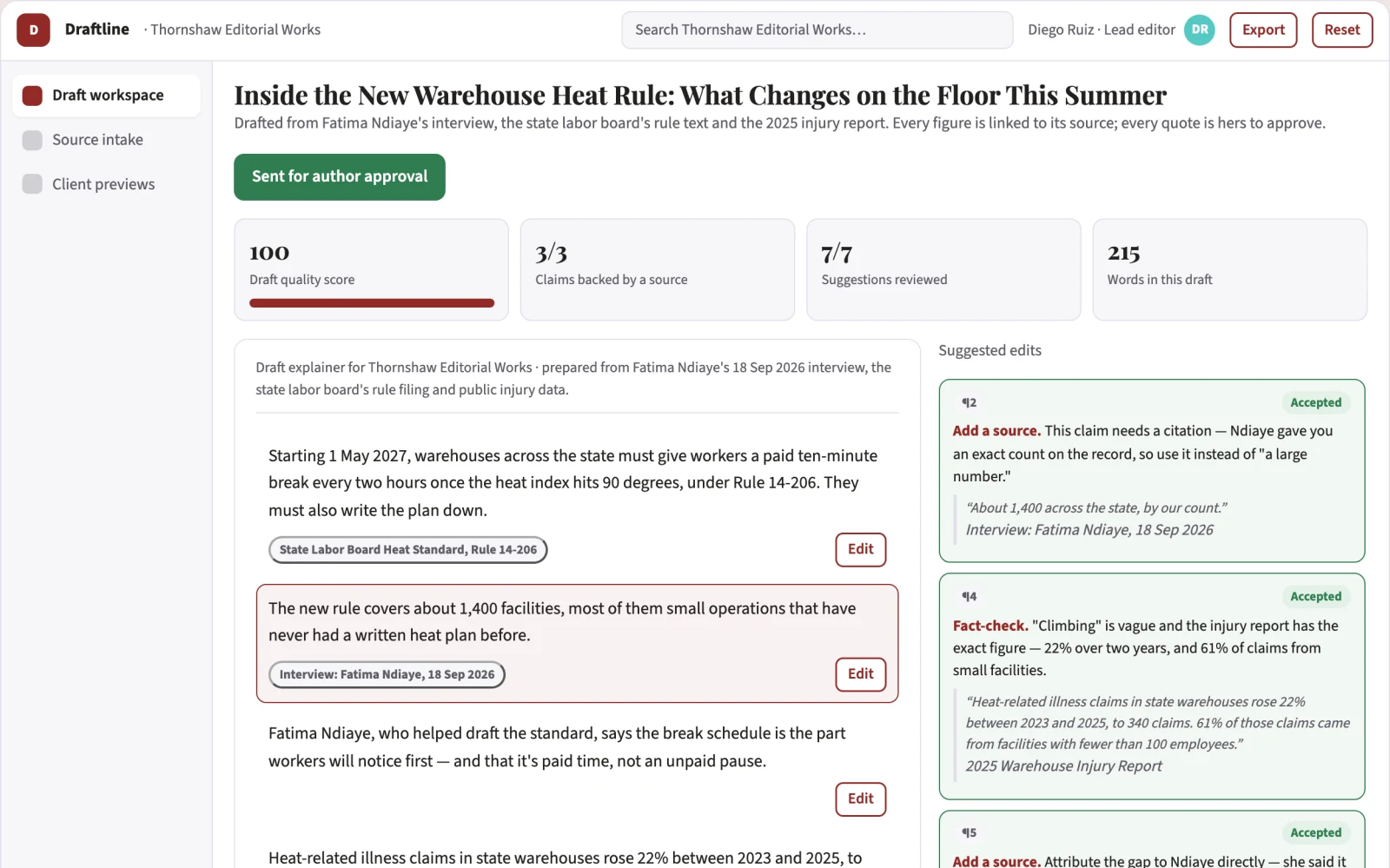 Screenshot of the Source-based writing and editorial delivery workspace interactive demo