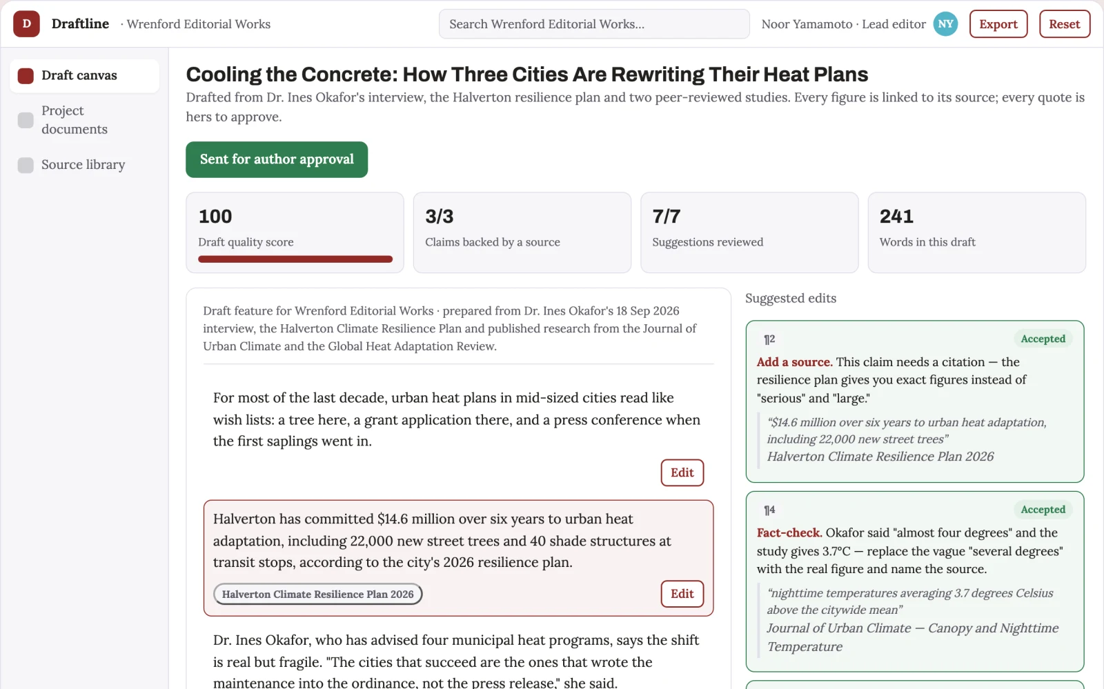 Screenshot of the Source-based writing and editorial delivery workspace interactive demo