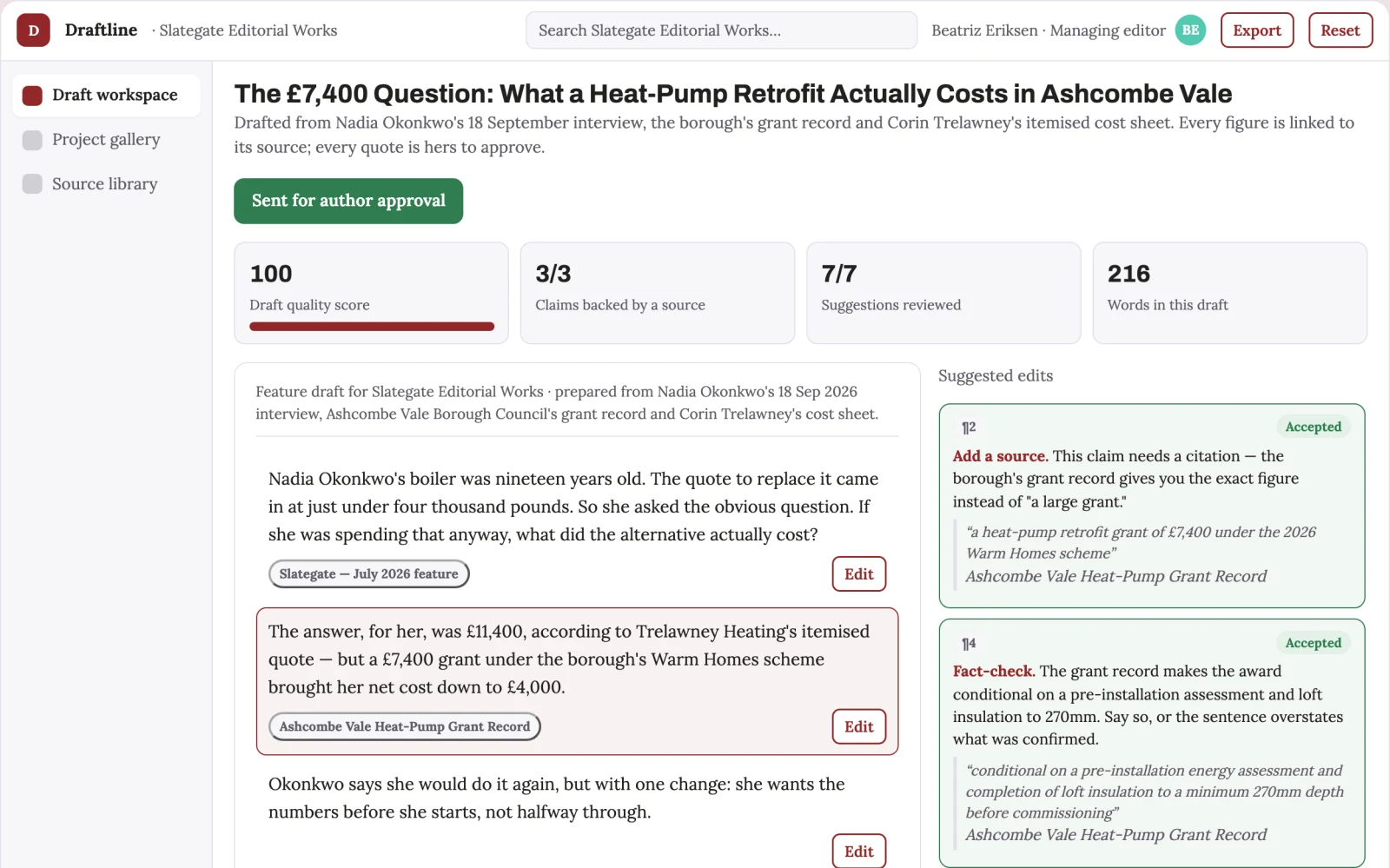 Screenshot of the Source-based writing and editorial delivery workspace interactive demo