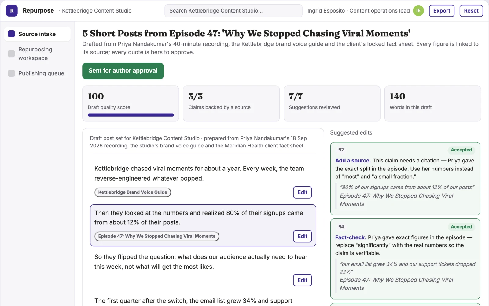 Screenshot of the Source content repurposing and publishing workspace interactive demo
