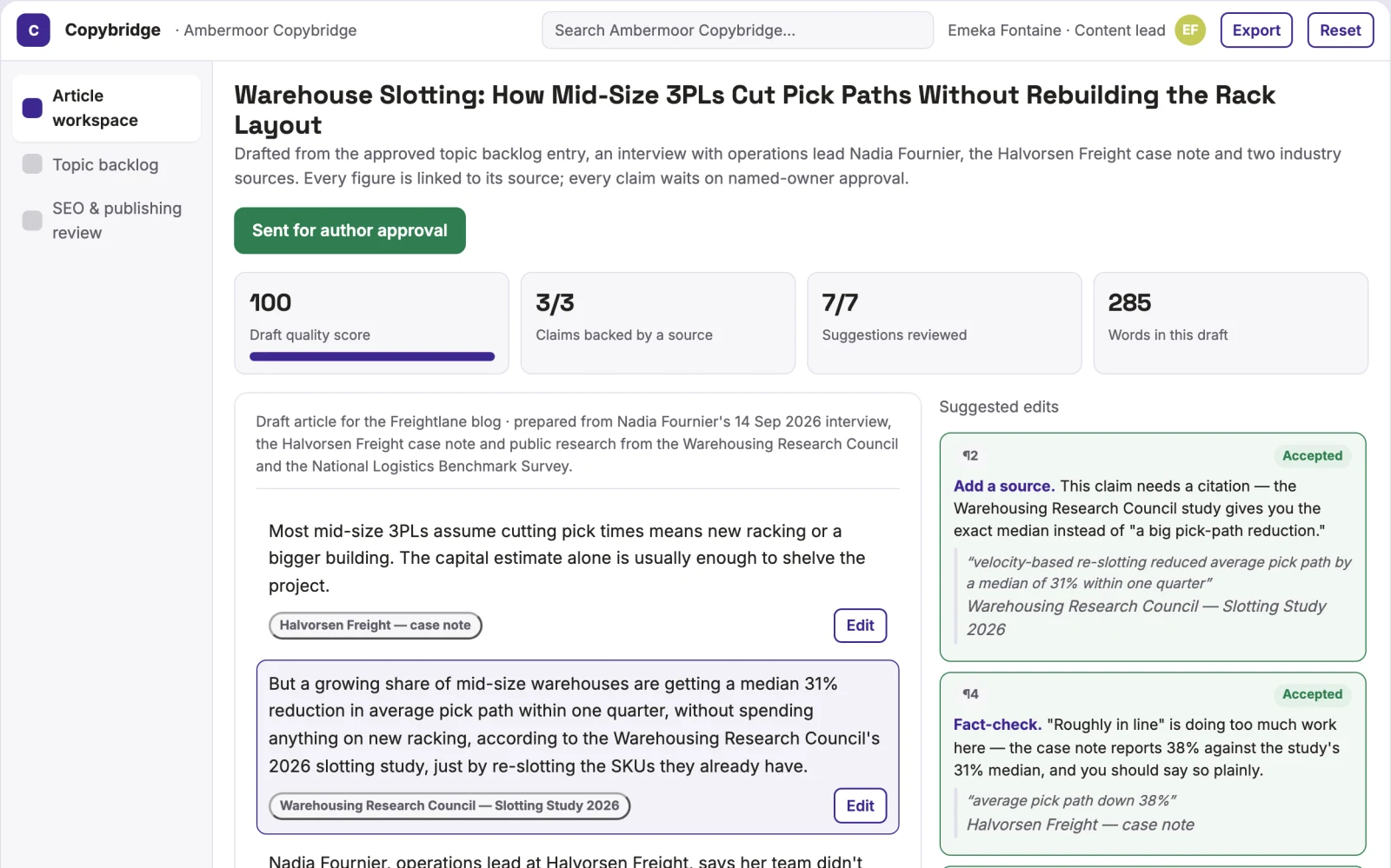Screenshot of the Source-grounded blog production and SEO workspace interactive demo