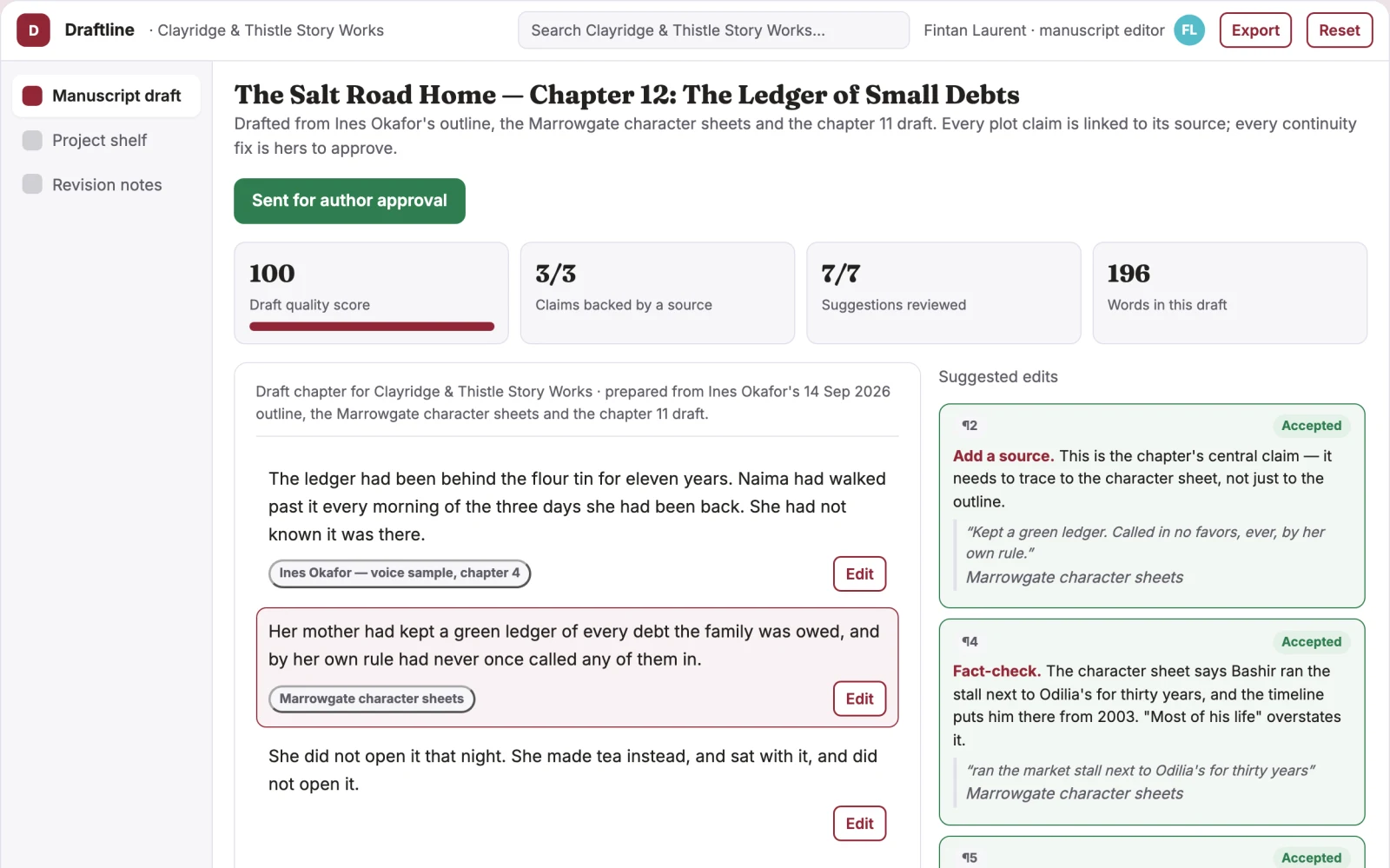 Screenshot of the Source-grounded manuscript drafting and revision workspace interactive demo