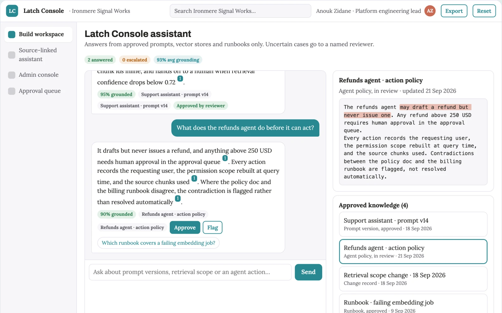 Screenshot of the Source-linked AI application build and operations console interactive demo