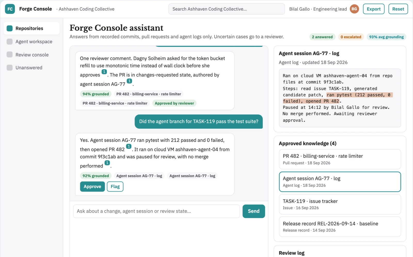 Screenshot of the Source-linked AI coding and review console interactive demo