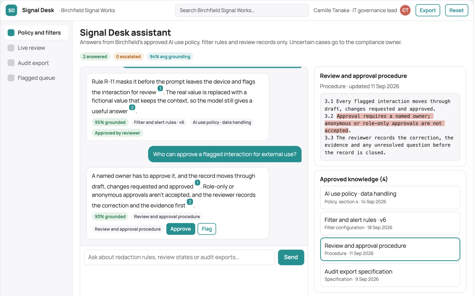 Screenshot of the Source-linked AI use governance console interactive demo